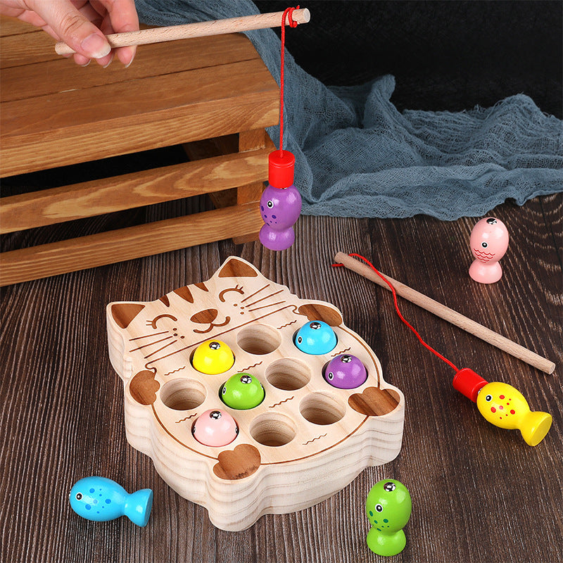 Wholesale Children's Early Education Kitten Fishing Children's Magnetic Fishing Rod Intelligence Development Focus Training Desktop Wooden Toys